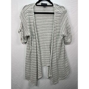AB Studio Womens Grey White Striped Open Front Cardigan Sweater Size M Roll Tab